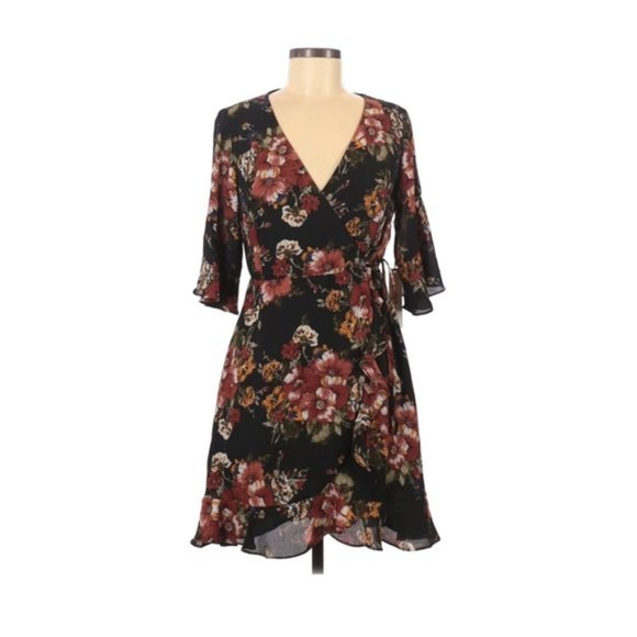 June & Hudson Wrap Mini Dress Floral Print Black Orange Brown Size L NEW wTag - Picture 2 of 10